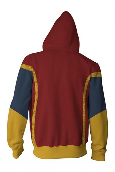 Mens Fashionable 3D Colorblocked Long Sleeve Loose Fit Zip Up Drawstring Hoodie with Pocket