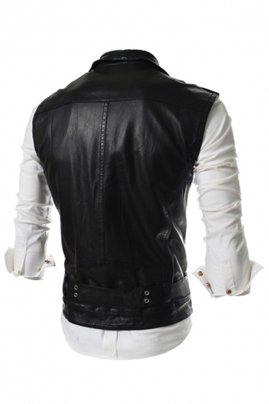 Mens Fashionable Plain Studded Notched Lapel Sleeveless Oblique Zip Slim Fit PU Leather Belted Vest
