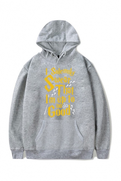 Mens Popular Letter I SOLEMNLY SWEAR THAT I AM UP TO NO GOOD Print Gray Baggy Drawstring Hoodie