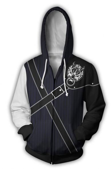 Mens Popular Logo 3D Printed Colorblock Long Sleeve Black Zipper Drawstring Hoodie