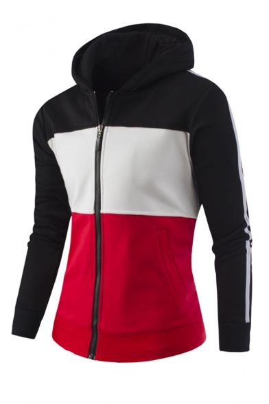 Mens Sportive Color Blocked Stripe Long Sleeve Zip Up Slim Fit Hoodie with Side Pocket
