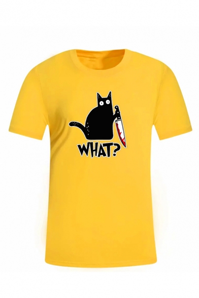 Mens Trendy Horror Cat Printed Short Sleeve Regular Fit Casual Pullover T-Shirt