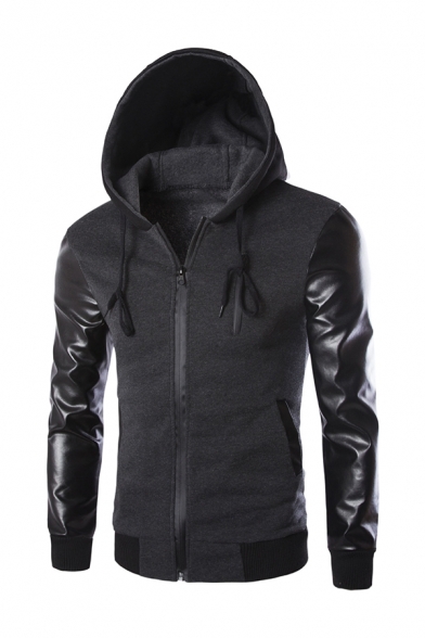 New Arrival Chest Zipper Design PU Panelled Long Sleeve Zip Up Casual Hoodie
