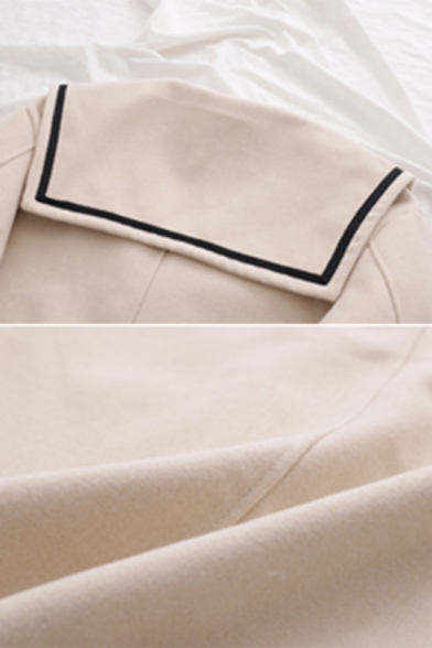 New Arrival Plain Sailor Collar Long Sleeve Double Breasted Tunic Woolen Coat with Big Pocket