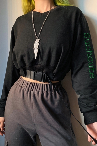 Popular Embroidered Letter SUCH CUTE Printed Long Sleeve Push Buckle Belted Black Crop Sweatshirt
