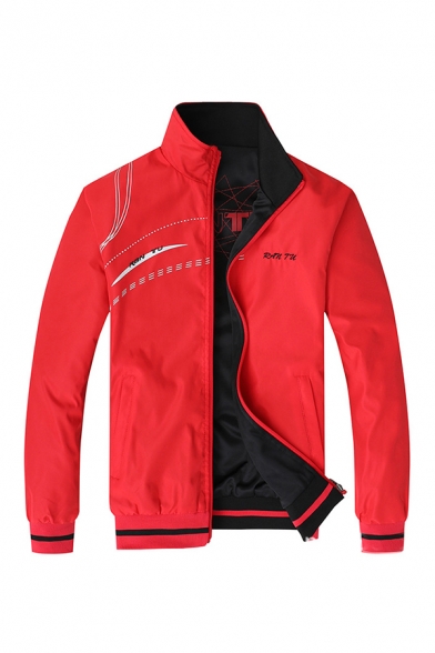 Popular Geometric Pattern Letter RANTU Printed Stand Collar Contrast Trim Zip Up Slim Fit Reversible Sport Jacket Coat