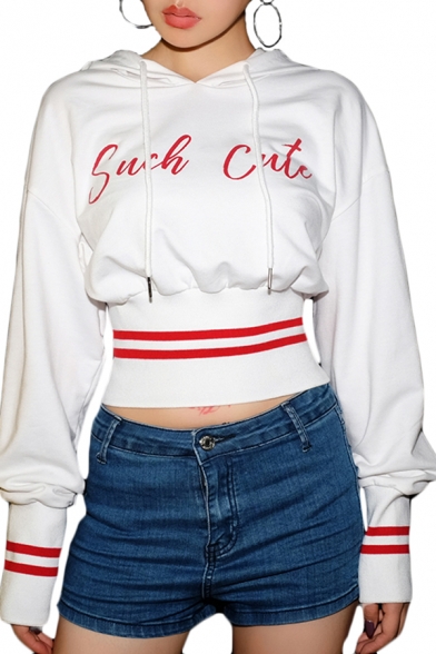 Popular Letter SUCH CUTE Printed Striped Trim Long Sleeve White Crop Drawstring Hoodie