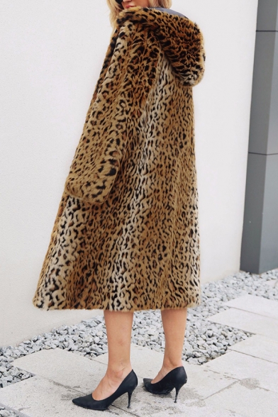 Popular Winter Leopard Printed Long Sleeve Hooded Longline Fuzzy Fleece Coat for Women