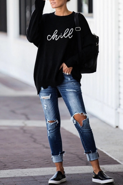 Simple CHILL Letter Printed Long Sleeve Crewneck Distressed Trim Black Oversized Pullover Sweater