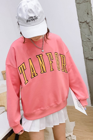 Simple TANFOR Letter Printed Round Neck Long Sleeve Oversized Pullover Sweatshirt
