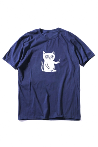 Summer Popular Cartoon Cat with Knife Pattern Short Sleeve Loose Fit Leisure T-Shirt Top