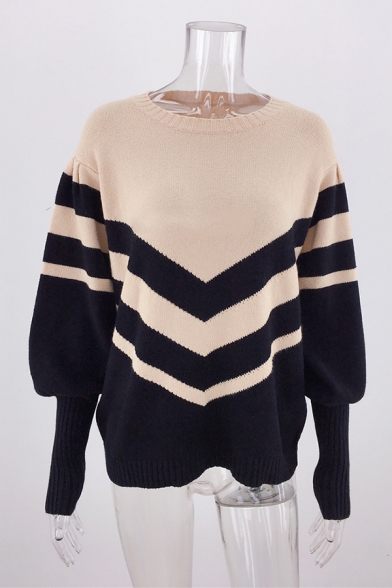 Two Tone Chevron Pattern Bishop Long Sleeve Crew Neck Loose Casual Knitted Sweater