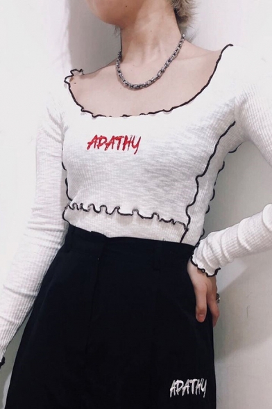 Unique Letter Print Stringy Selvedge Contrast Trim U-Shaped Neck Long Sleeve Fitted Pullover Sweater Top