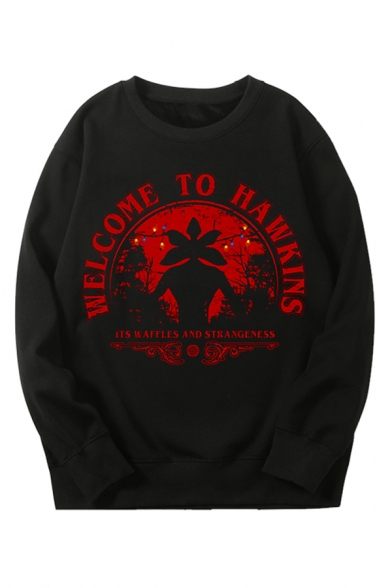 WELCOME TO HAWKINS Printed Long Sleeve Round Neck Loose Black Pullover Graphic Sweatshirt