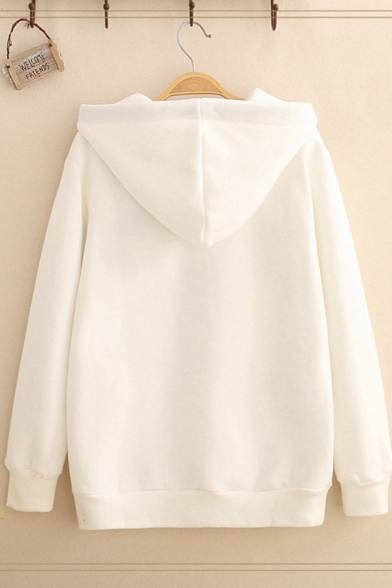 White Chic Fish and Cat Embroidery Pattern Long Sleeve Oversized Drawstring Hoodie