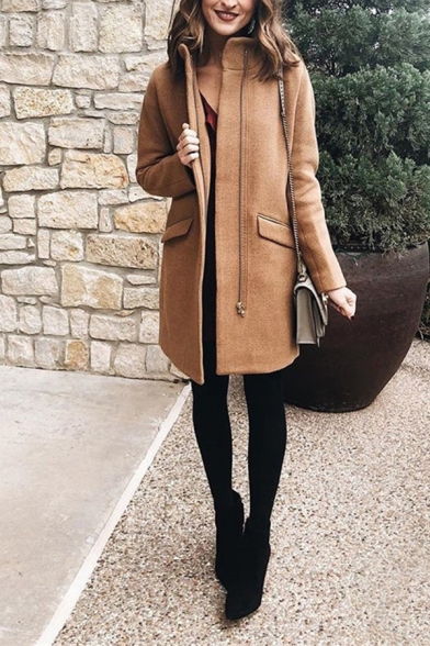 Winter Fashion Solid Color Long Sleeve Flap Pocket Zip Up Longline Loose Wool coat