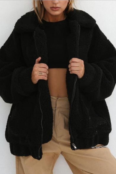 zip up fluffy faux fur winter coat