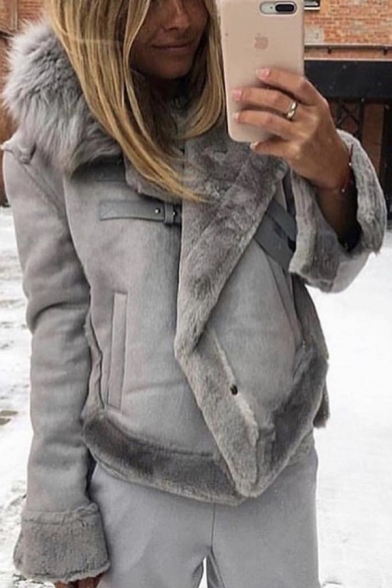 Winter Warm Fur Collar Long Sleeve PU Buckle Strap Detail Side Split High Low Suede Casual Jacket