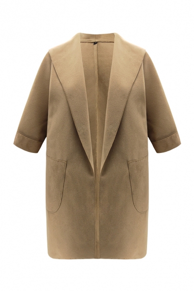 Women's Trendy Lapel Collar Half Sleeve Solid Color Longline Wool Coat with Pocket