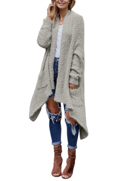 Womens Basic Plain Long Sleeve Asymmetric Hem Tunic Thick Popcorn Cardigan Coat