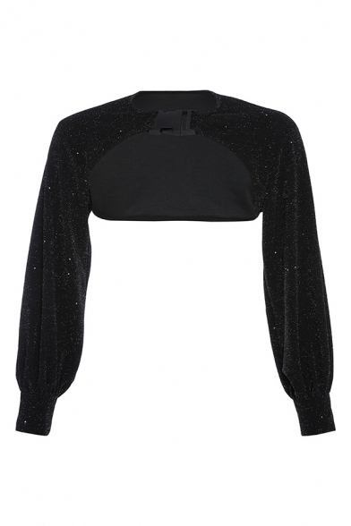 Womens Blingbling Fashion Push Buckle Front Long Sleeve Cutout Crop Top Black Sweatshirt
