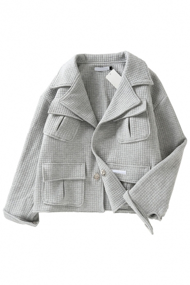 Womens Casual Grey Solid Checked Embossed Long Sleeve Multi-Pocket Single Breasted Loose Overcoat