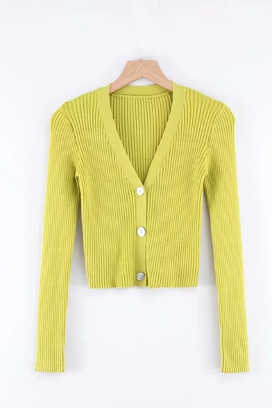 Womens Chic Plain Single-Breasted Long Sleeve Ribbed Knit Cropped Sweater Cardigan Coat