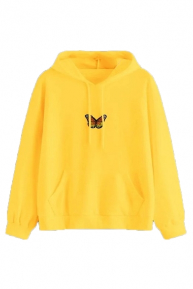 Womens Classic Butterfly Pattern Long Sleeve Loose Drawstring Hoodie with Pocket