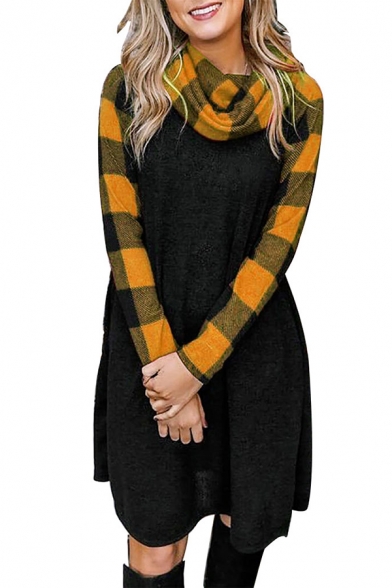 Womens Classic Checked Paneled Long Sleeve Cowl Neck Casual A-Line Midi Dress