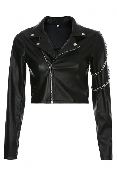 Womens Cool Black Chain Embellished Long Sleeve Studded Notched Collar Oblique Zip Cropped PU Jacket