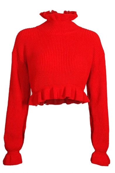 Womens Elegant Pure Color Stringy Selvedge High Collar Long Sleeve Cropped Chunky Knit Pullover Sweater