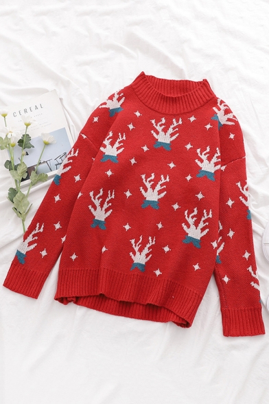 Womens Fashion Cartoon Deer Pattern Red Long Sleeve Loose Pullover Sweater