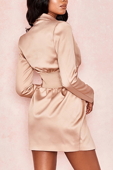 Womens Fashion Deep V Neck Long Sleeve Gathered Waist Slim Fit Khaki Longline Blazer Coat