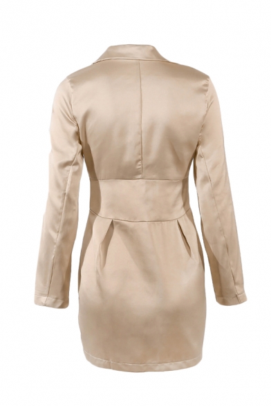 Womens Fashion Deep V Neck Long Sleeve Gathered Waist Slim Fit Khaki Longline Blazer Coat