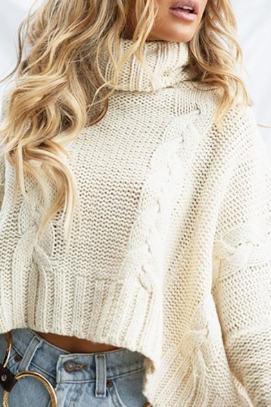 Womens Fashion Turtleneck Batwing Sleeve White Cable Knit Short Slouchy Pullover Sweater