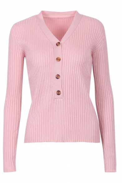 YOMXL Women Half Button Decor Tunic Tops Casual Long Sleeve Henley Shirt Rib Knitted Sweater Blouse