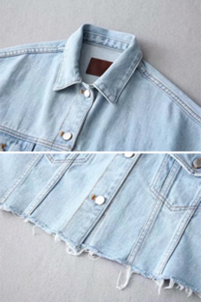 Womens Fashionable Lapel Collar Long Sleeve Button Front Ripped Hem Cropped Denim Jacket