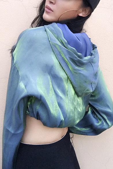 Womens Fashionable Long Sleeve Drawstring Hem Green Iridescent Cropped Hoodie