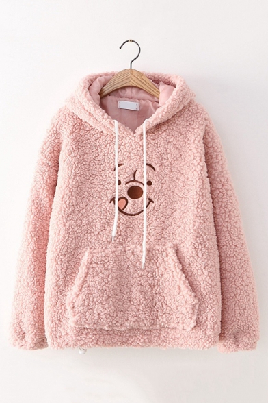 Womens Lovely Bear Printed Plain Lamb Wool Drawstring Hoodie with Pouch Pocket