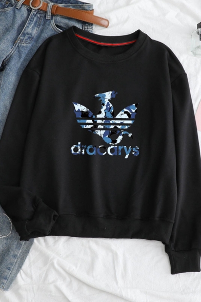 Womens Popular Dragon Pattern Letter DRACARVS Printed Long Sleeve Oversized Pullover Graphic Sweatshirt