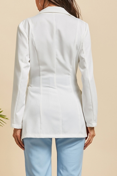 Womens Sexy Solid Color Long Sleeve Tied Waist White Fitted Longline Blazer Coat