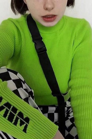Womens Simple Letter MINGA Printed Long Sleeve Turtleneck Slim Fit Fluorescent Green Pullover Sweater