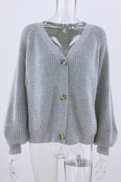 Womens Simple V-Neck Long Sleeve Button Down Loose Fit Purl Knit Cardigan Coat