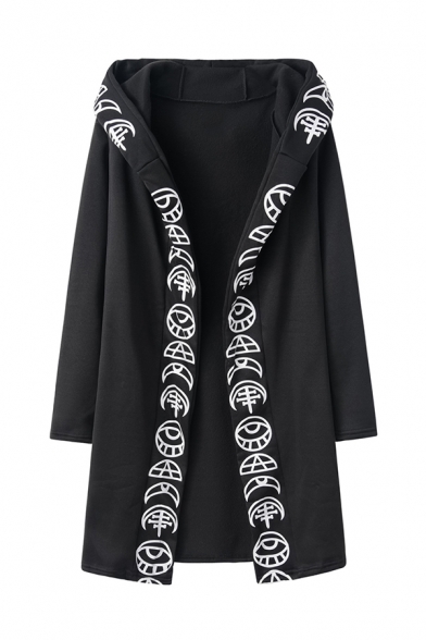 Womens Stylish Black Punk Moon Print Long Sleeve Open Front Hooded Gothic Maxi Cardigan Coat