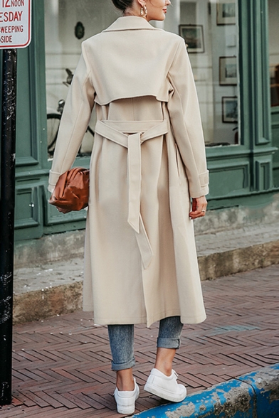 Womens Stylish Commuting Coat Long Sleeve Hidden Button Tied Waist Slit Back Light Apricot Longline Warm Woolen Overcoat