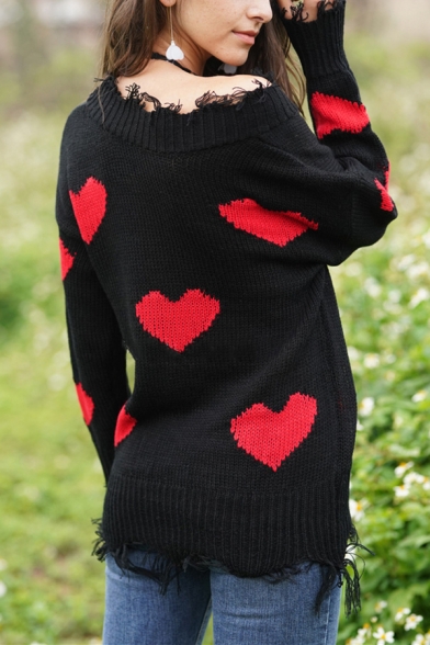 Womens Stylish Heart Pattern Patch V-Neck Long Sleeve Ripped Detail Two Tone Pullover Sweater