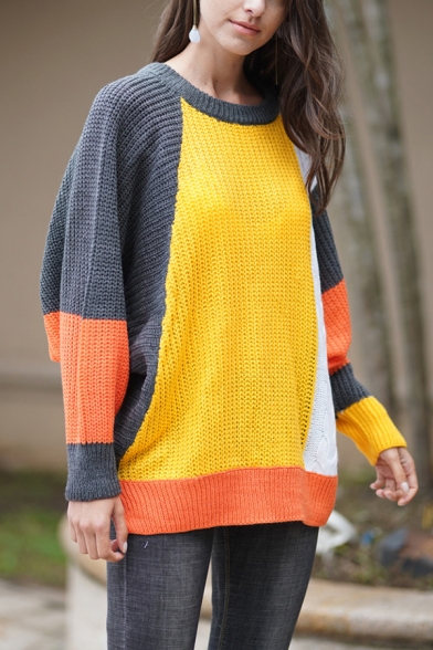 Womens Yellow and Grey Casual Colorblocked Geo Pattern Dolman Sleeve Loose Fit Batwing Sweater