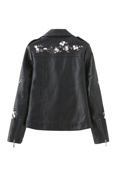 Chic Floral Embroidery Printed Buttoned Epaulet Design Long Sleeve Inclined Zipper PU Leather Black Loose Motor Jacket