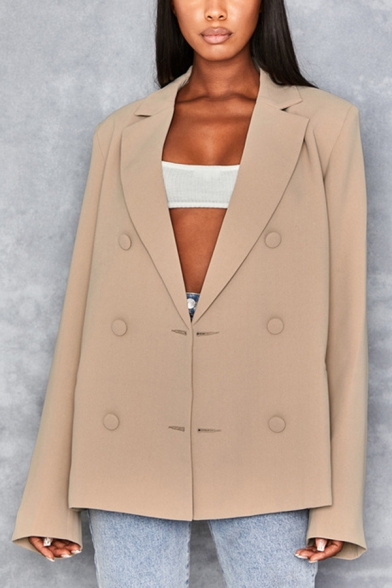 Chic Solid Color Long Sleeve Double-Breasted Baggy Casual Blazer Coat with Pocket