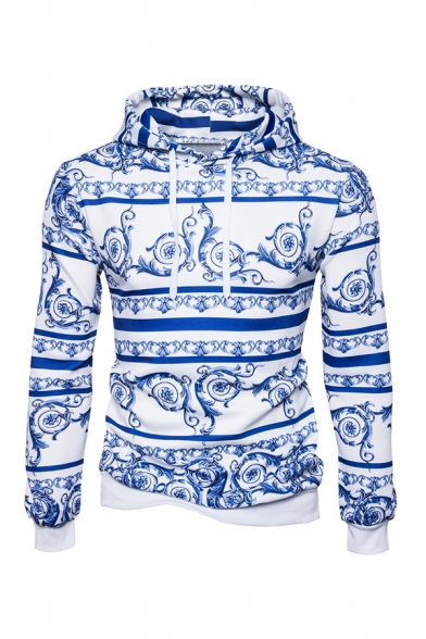 Chinese Style Blue and White Porcelain Printed Long Sleeve Vintage Drawstring Hoodie